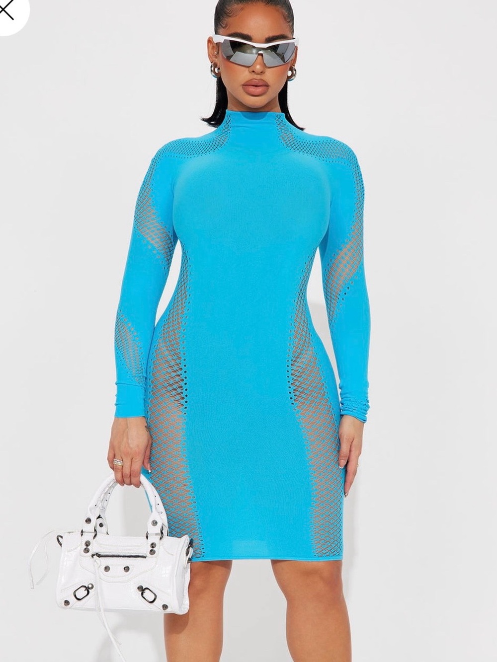 NWOT Fashion Nova Blue Long Sleeve Bodystocking Dress with Cutout Paneling